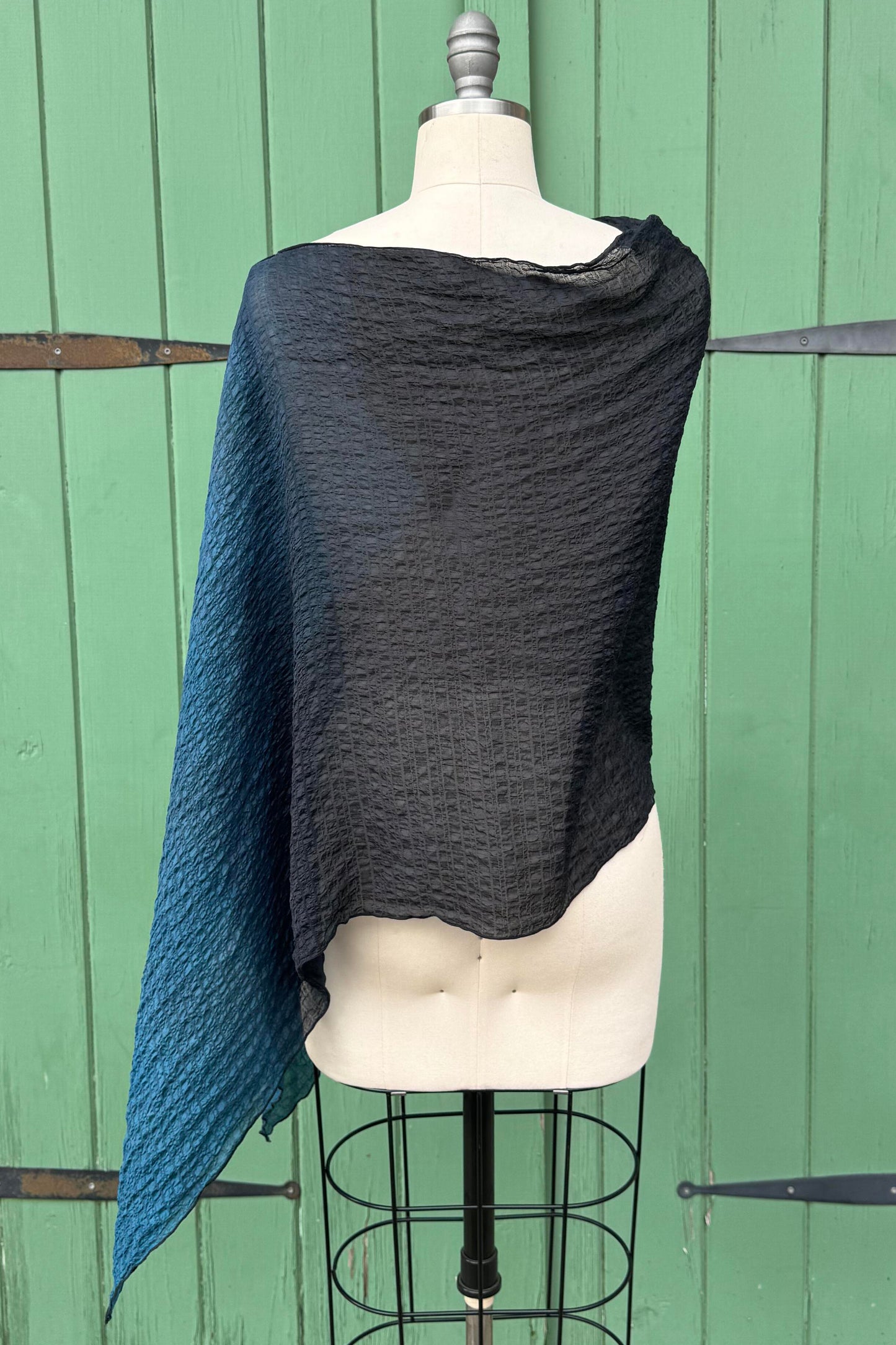 Asymmetrical Layover Poncho | Waffle Textured Silk | Ombre Dyed | Blue & Black
