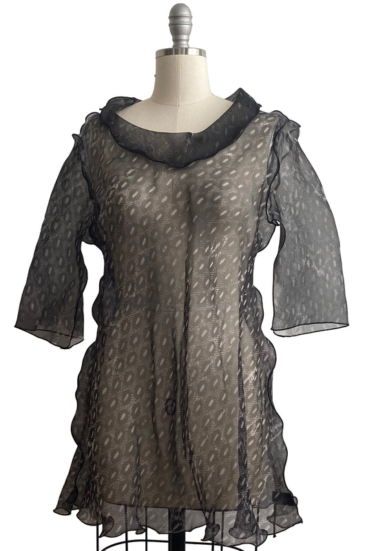 Fiona #5 Bias Tunic in Silk Organza Lace Print - Black & Grey - Large