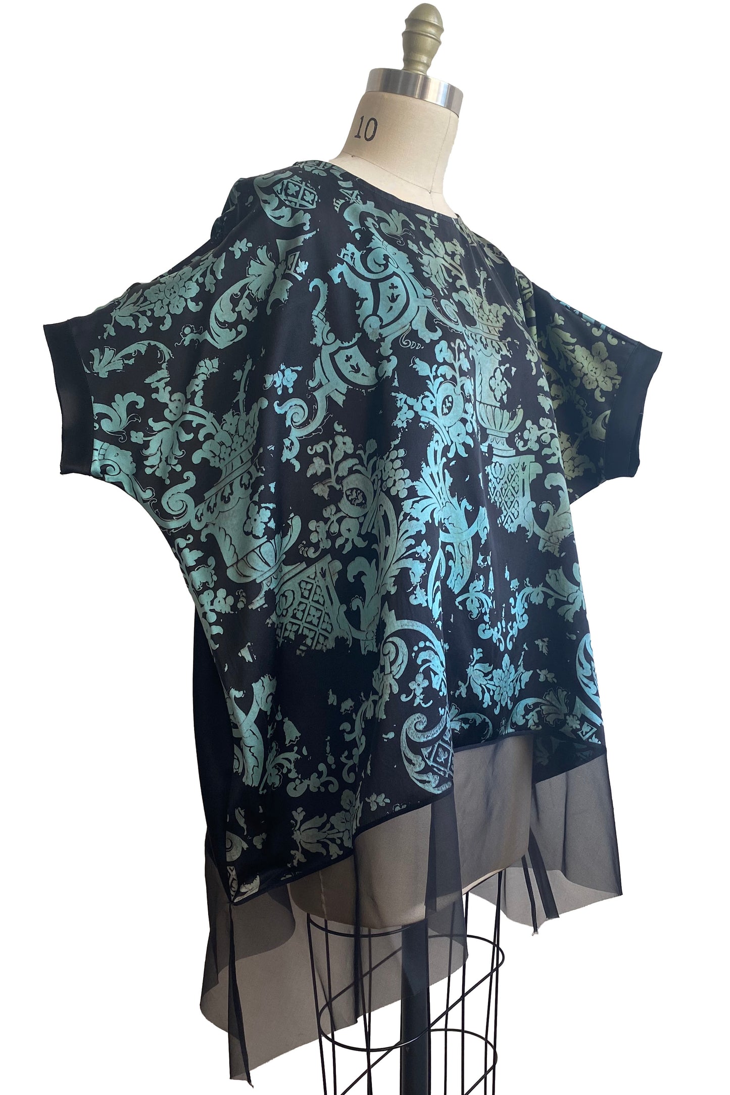 Deb Tunic w/ Wallpaper Print and Organza Trim - Black & Aqua