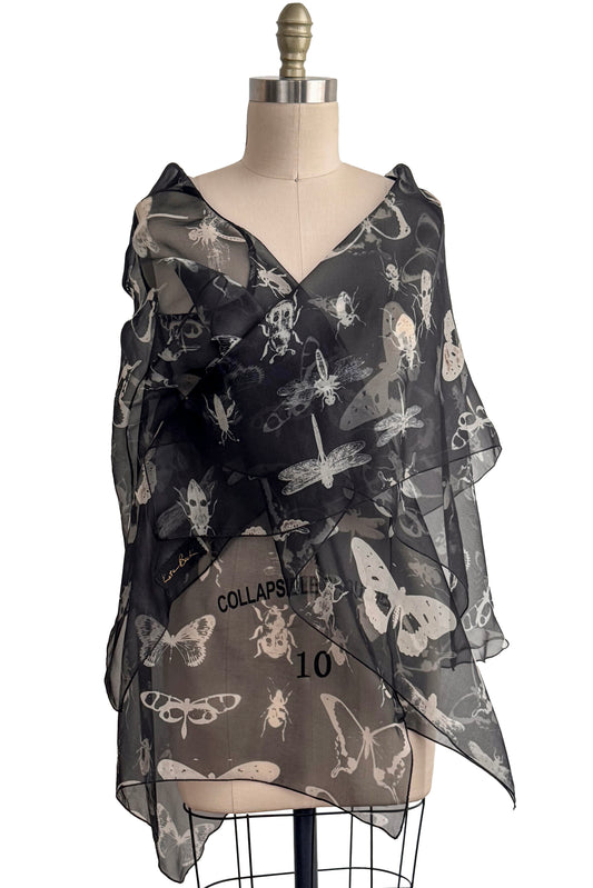 Asymmetrical Wrap Vest | Silk Organza | Bug Print | Black