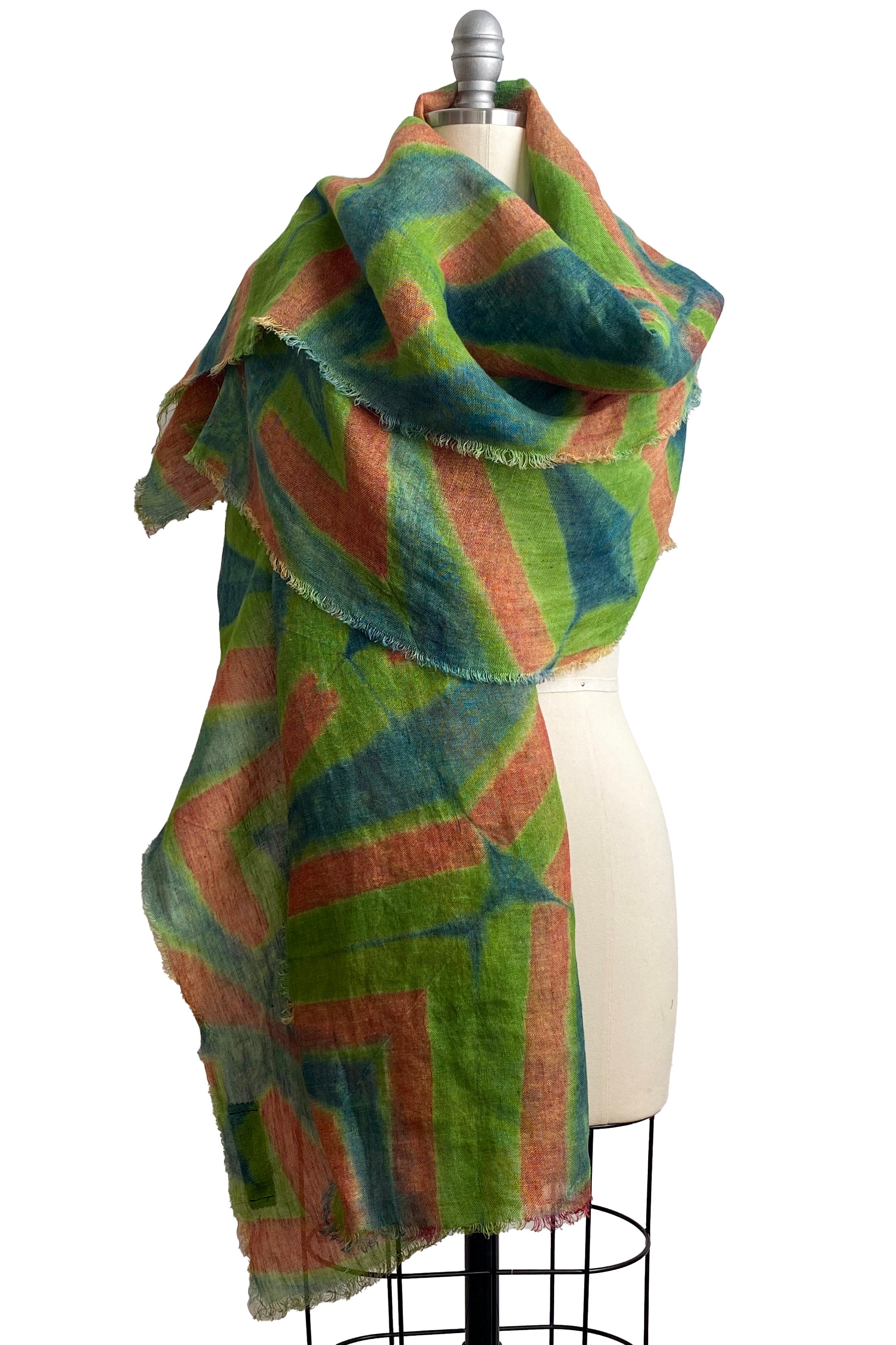 Open Weave Linen Shawl Wrap w/ Itajime  - Blue, Green, Orange