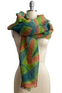 Open Weave Linen Shawl Wrap w/ Itajime  - Blue, Green, Orange