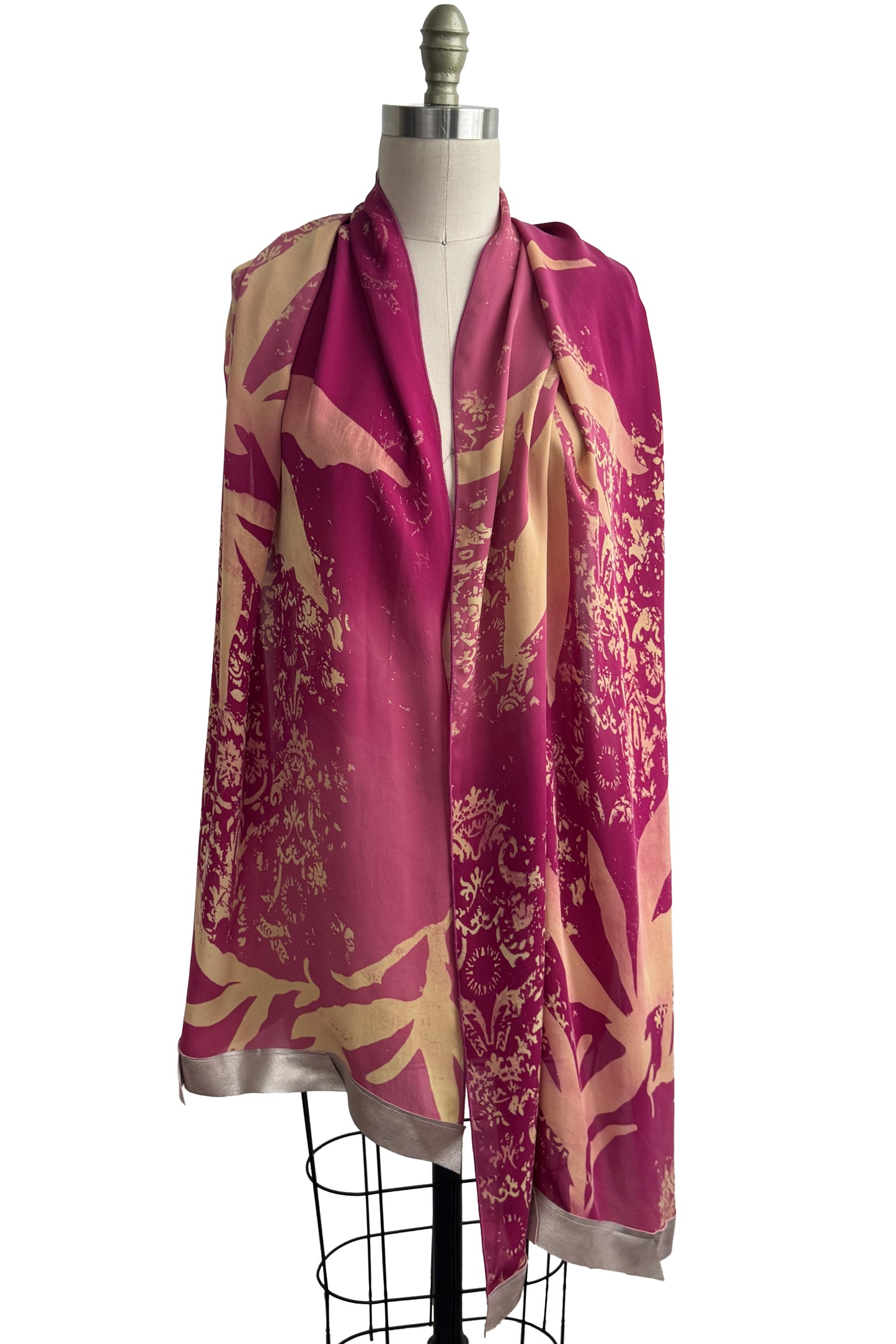 Shawl w/ Leather Trim | Silk Georgette | Wallpaper & Azalea Print | Wine Red, Peach & Silver