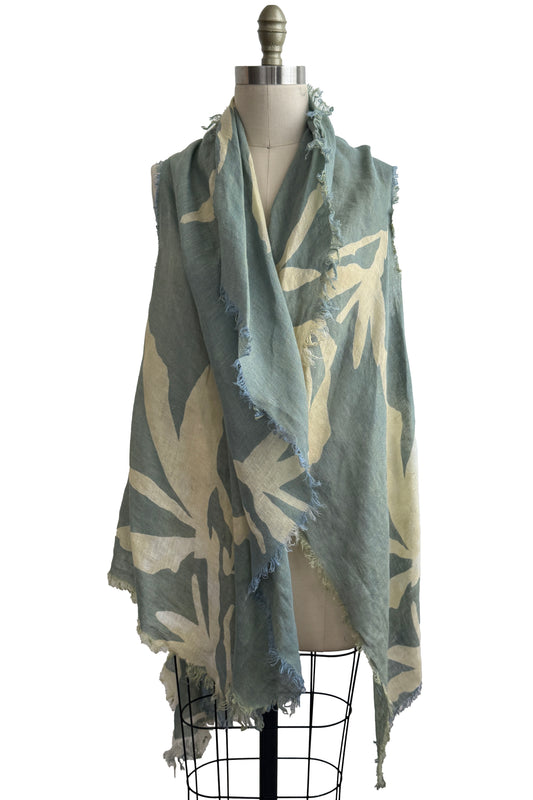 Asymmetrical Wrap Vest | Open Weave Linen | Azalea Leaf Print | Light Blue & Natural