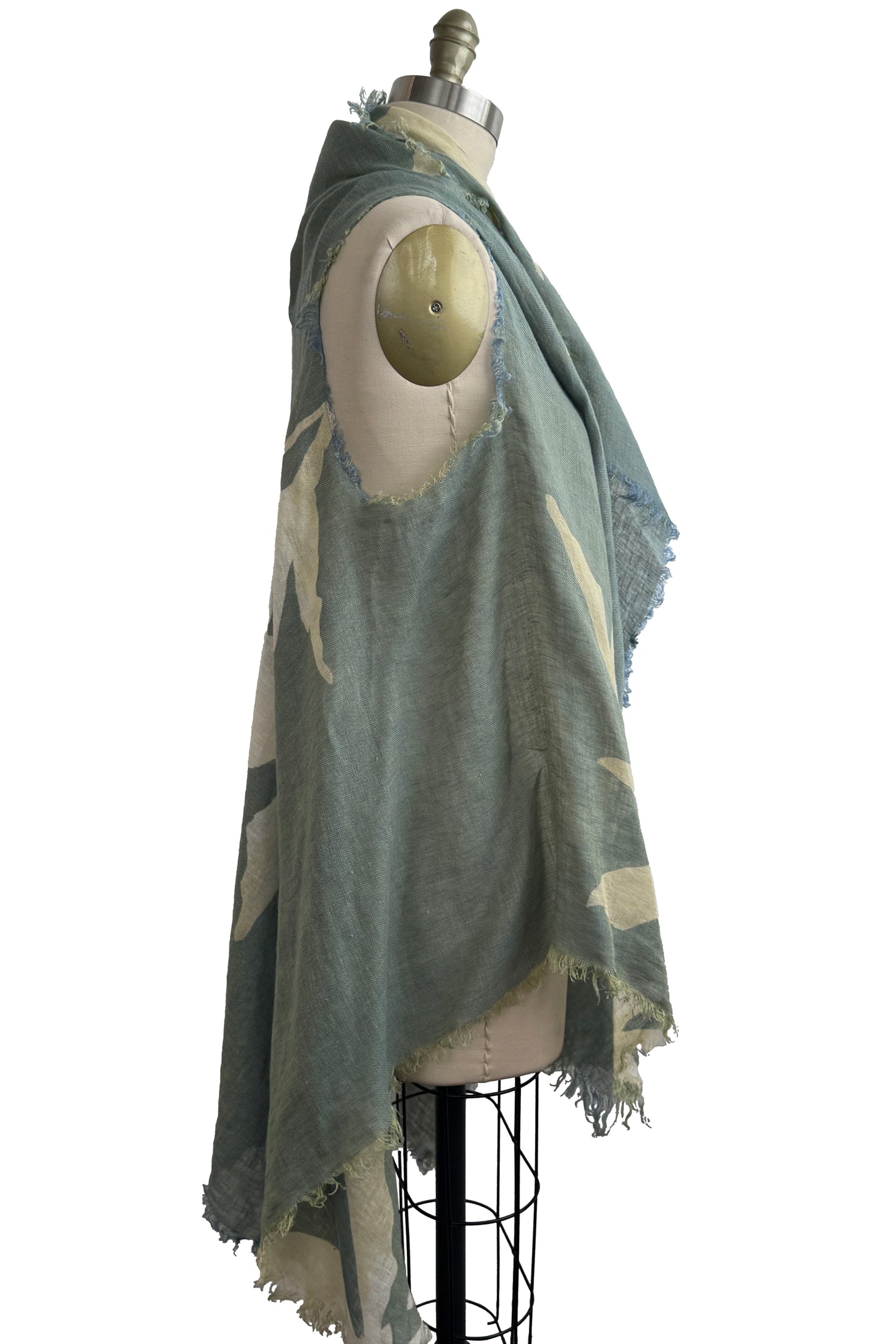 Asymmetrical Wrap Vest | Open Weave Linen | Azalea Leaf Print | Light Blue & Natural