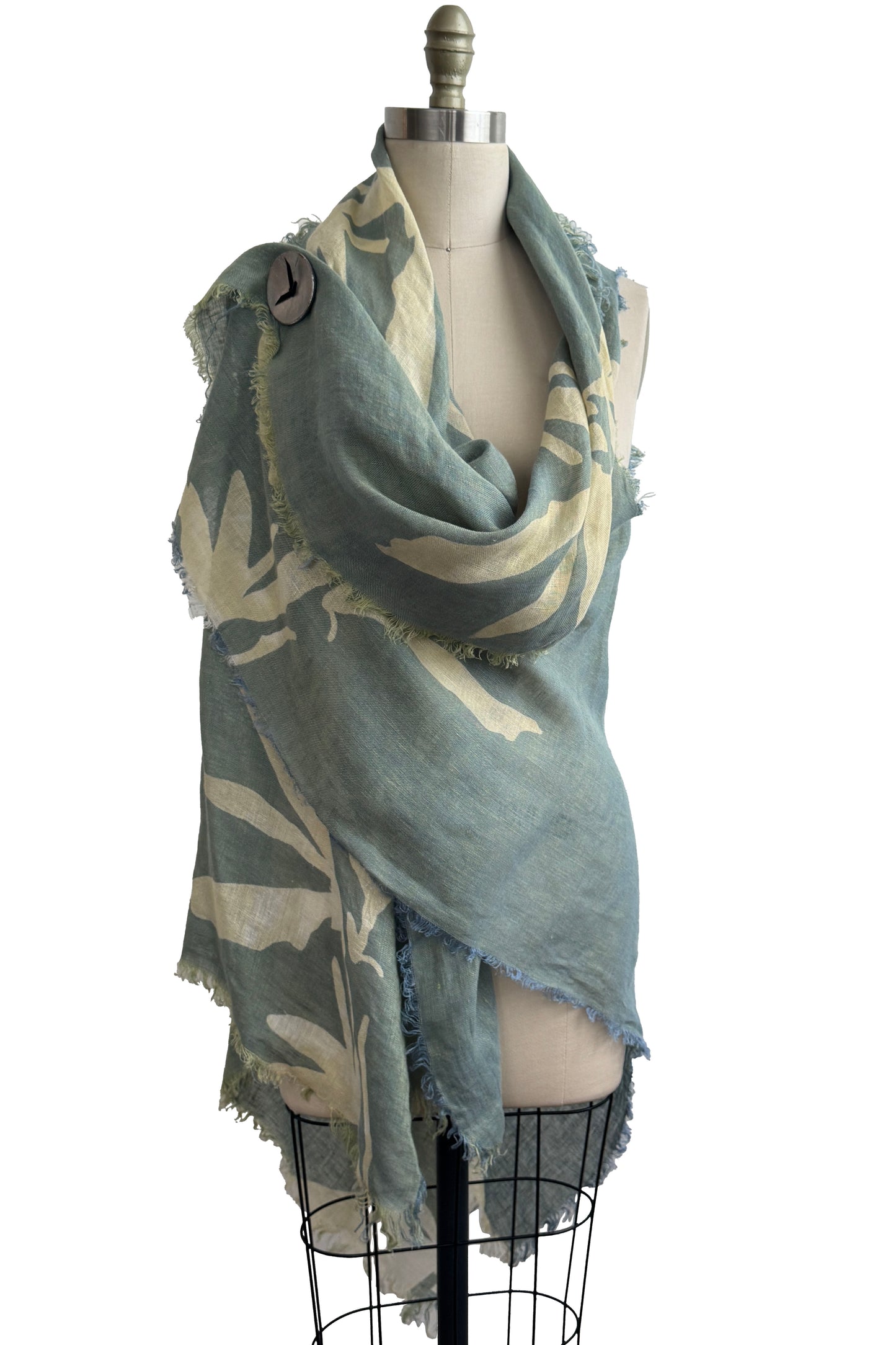Asymmetrical Wrap Vest | Open Weave Linen | Azalea Leaf Print | Light Blue & Natural