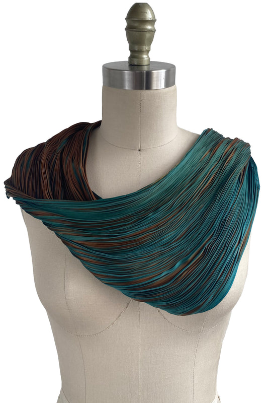 Shibori Pleated Silk Cowl - Turquoise & Brown