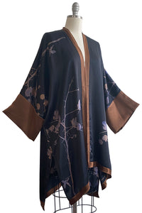 Lucianne Kimono in Silk Charmeuse w/ Cotton Print - Black & Brown - One Size