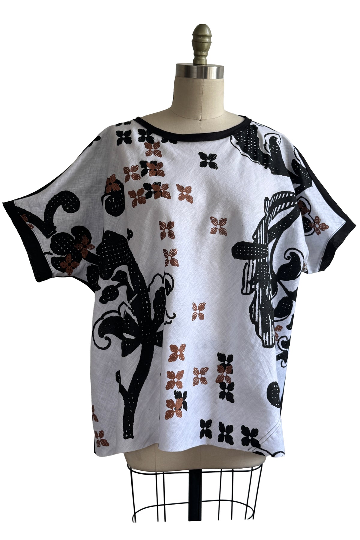 Deb Top | Bias Cut Linen | Scroll Print | White, Black, & Copper