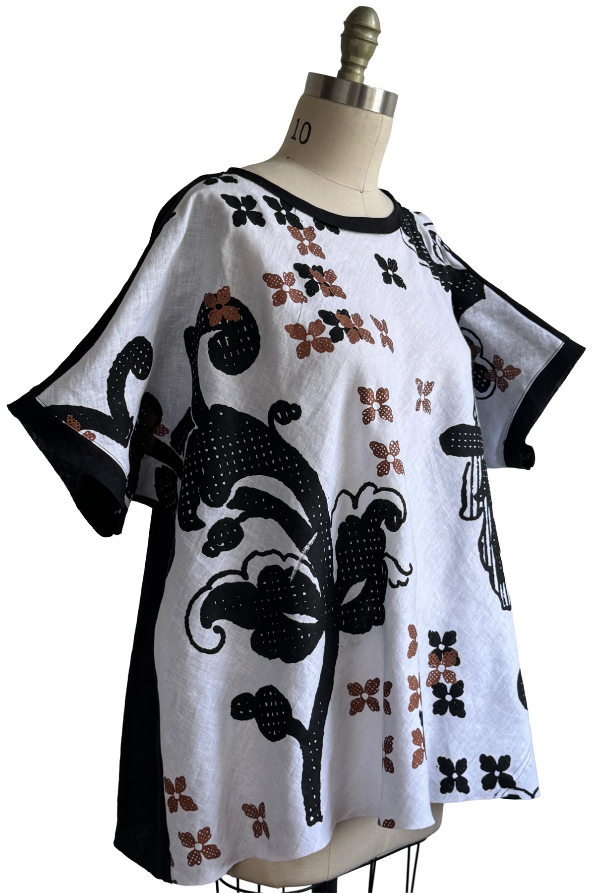 Deb Top | Bias Cut Linen | Scroll Print | White, Black, & Copper