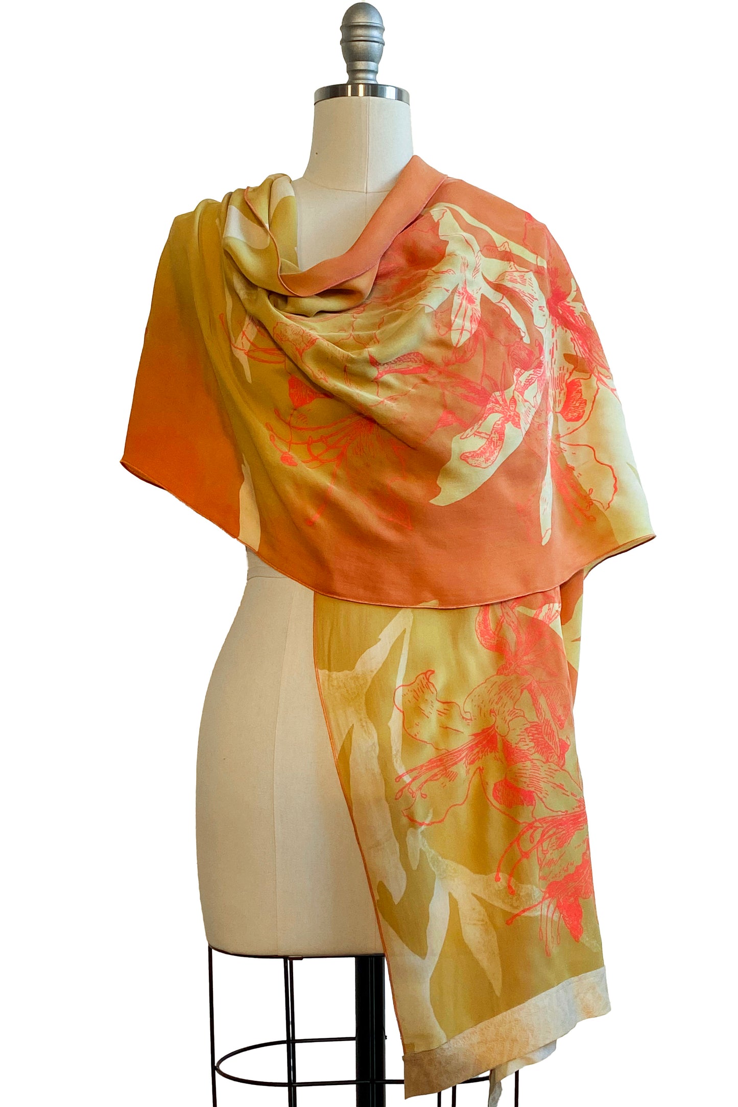 Shawl in Silk Chiffon w/ Azalea Print & Leather Trim - Orange & Yellow