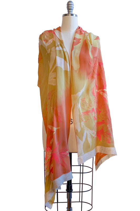 Shawl in Silk Chiffon w/ Azalea Print & Leather Trim - Orange & Yellow