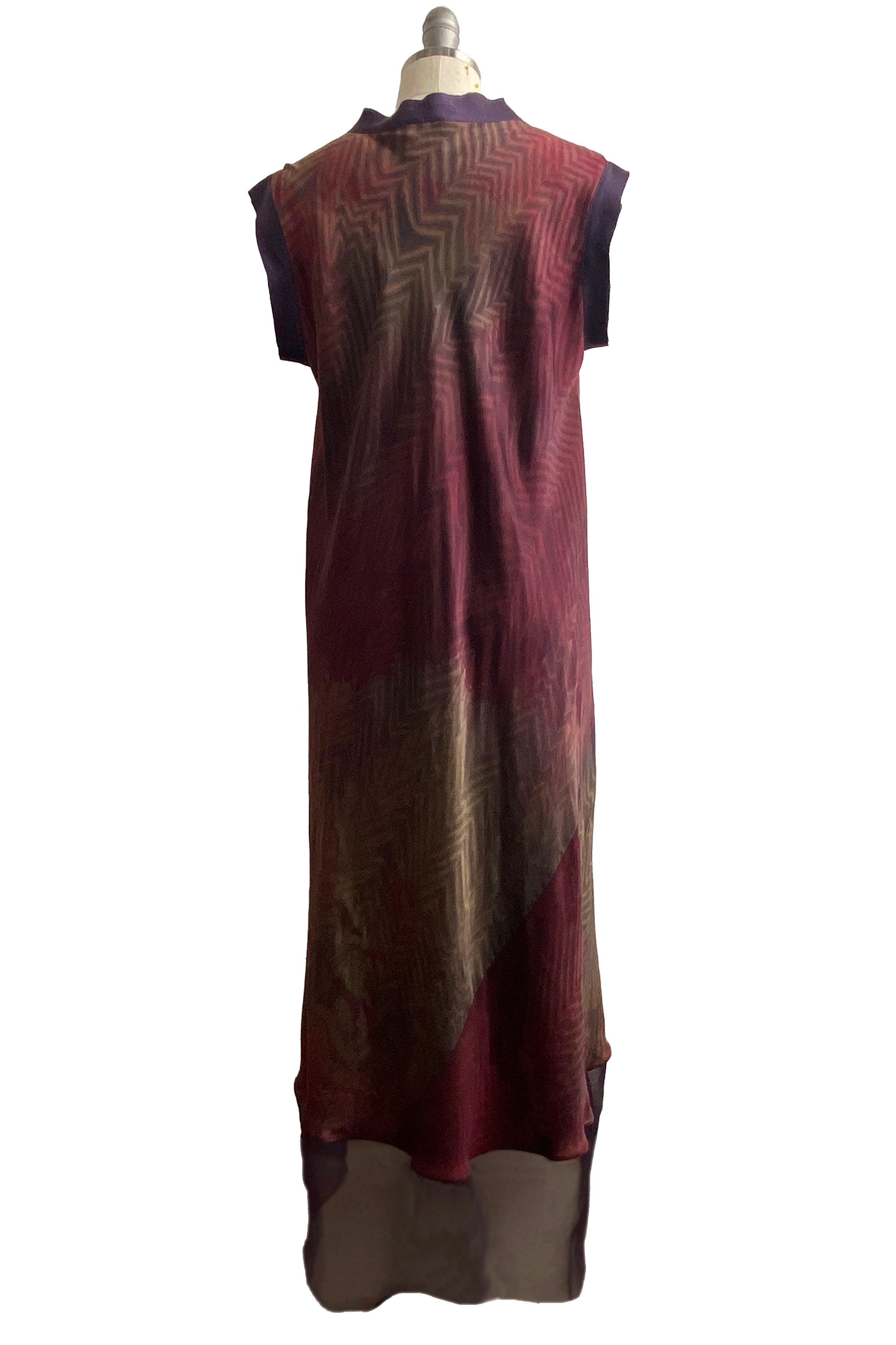 Titania Dress - Charmeuse w/ Organza Trim - Shibori Arashi Dye Red, Brown & Natural