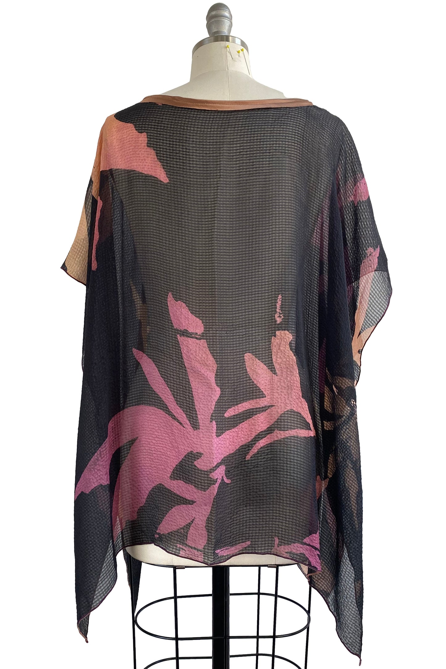 Seersucker Silk Poncho w/ Azalea Leaf Print - Black, Magenta & Gold