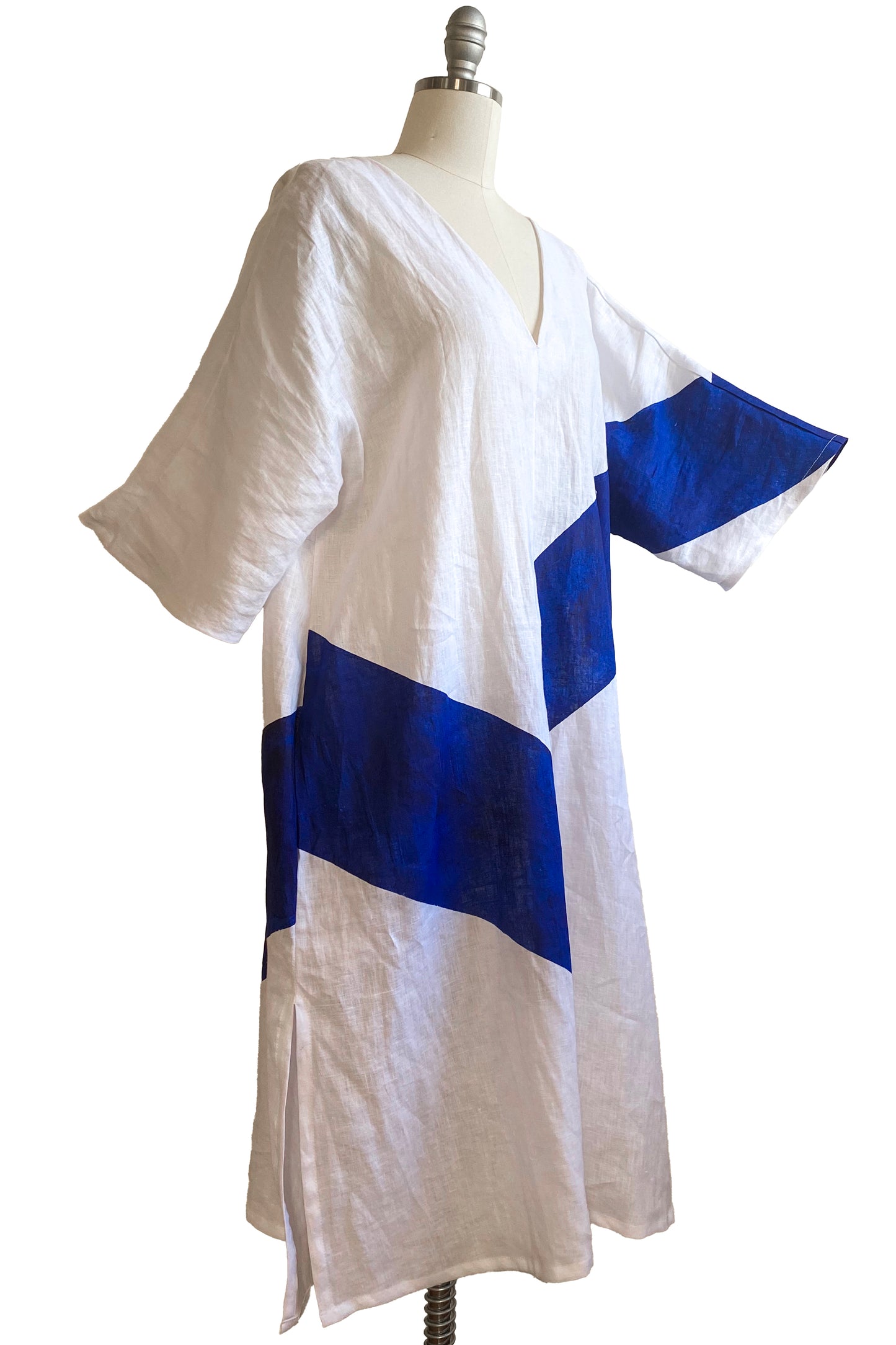 Kaftan Dress in Linen w/ Stripe - White & Blue