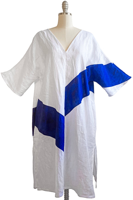 Kaftan Dress in Linen w/ Stripe - White & Blue