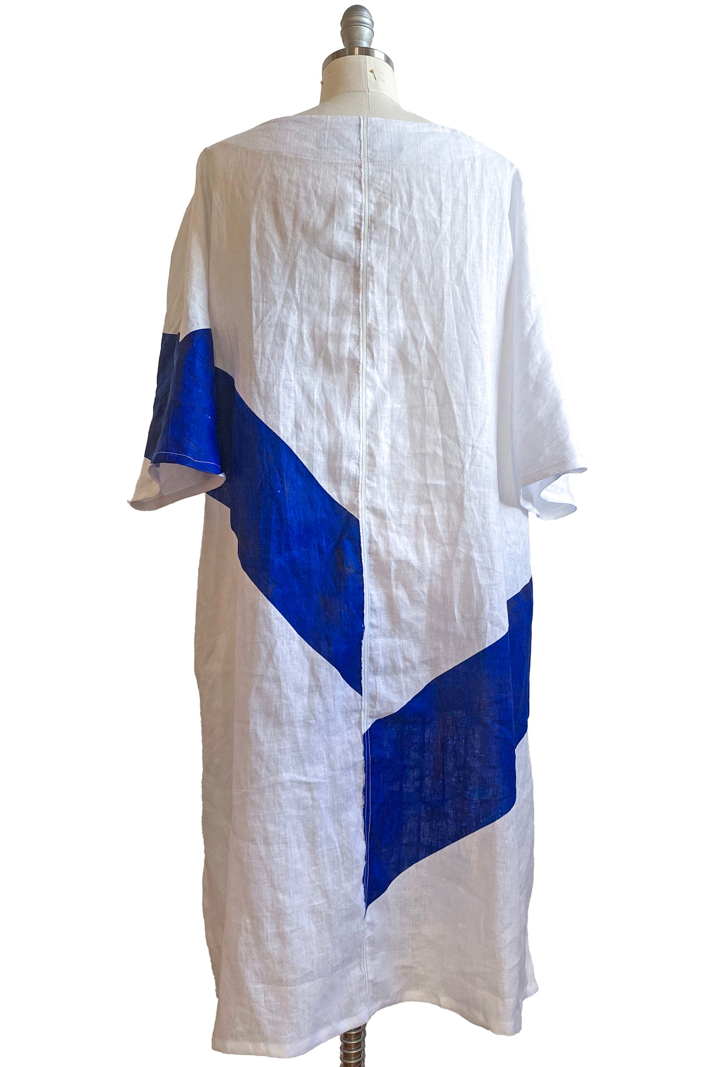 Kaftan Dress in Linen w/ Stripe - White & Blue