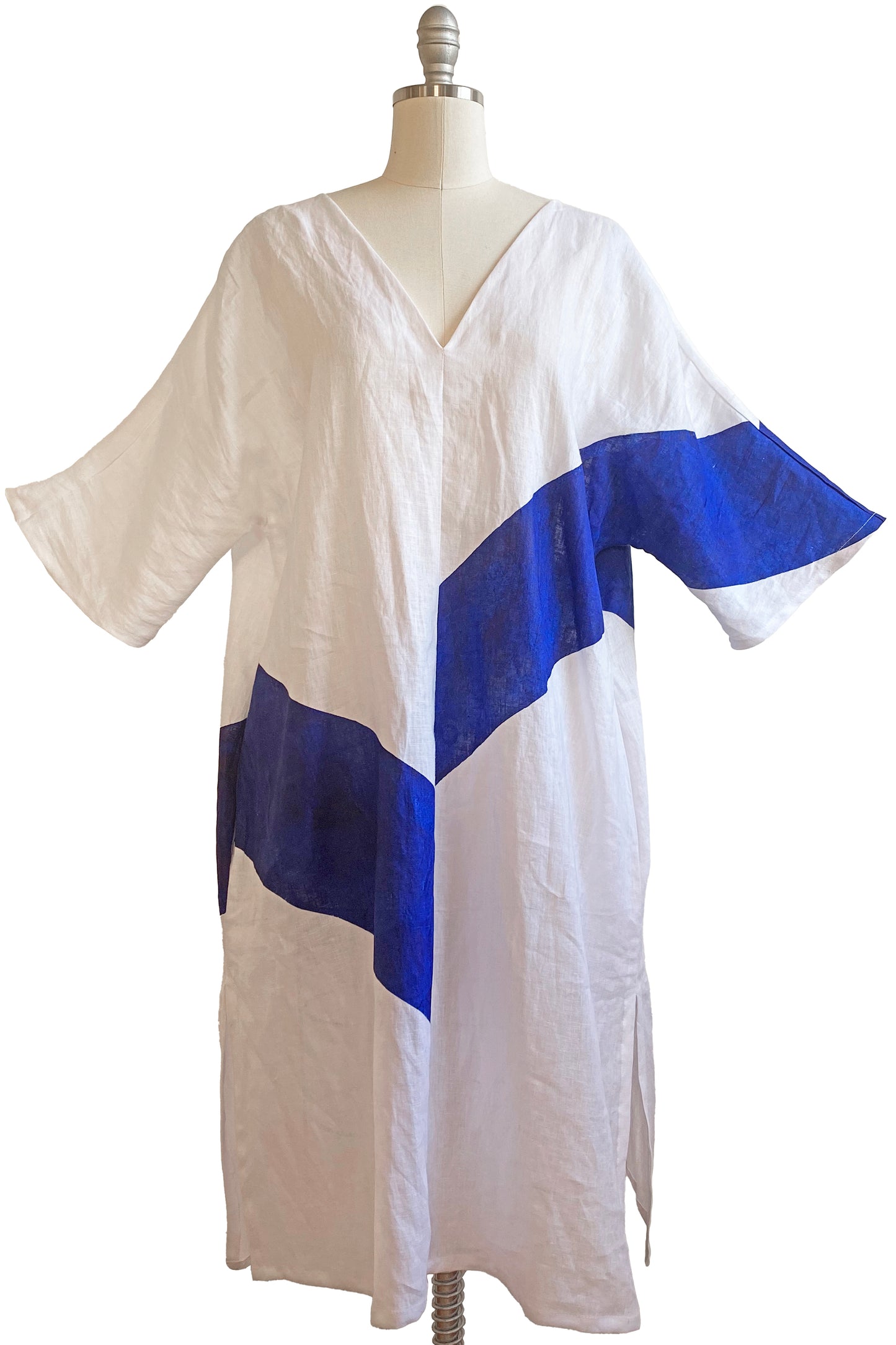 Kaftan Dress in Linen w/ Stripe - White & Blue