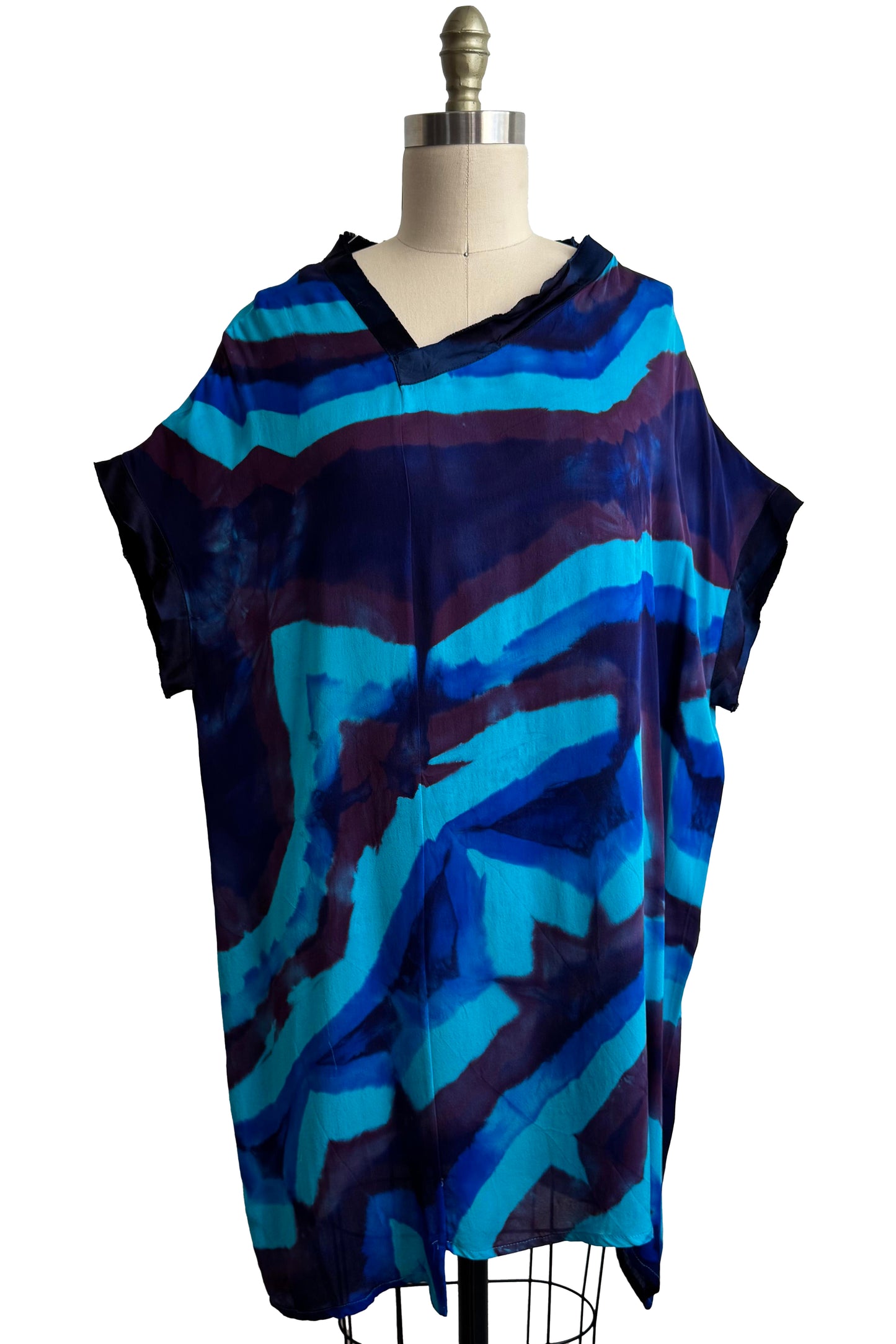 Petra Tunic Silk Georgette w/ Itajime Dye - Blue, Black & Purple - Small