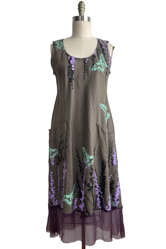 Emilia Dress in Linen w/ Organza Trim - Butterfly & Hollyhock Print - Purple, Green & Grey - Small