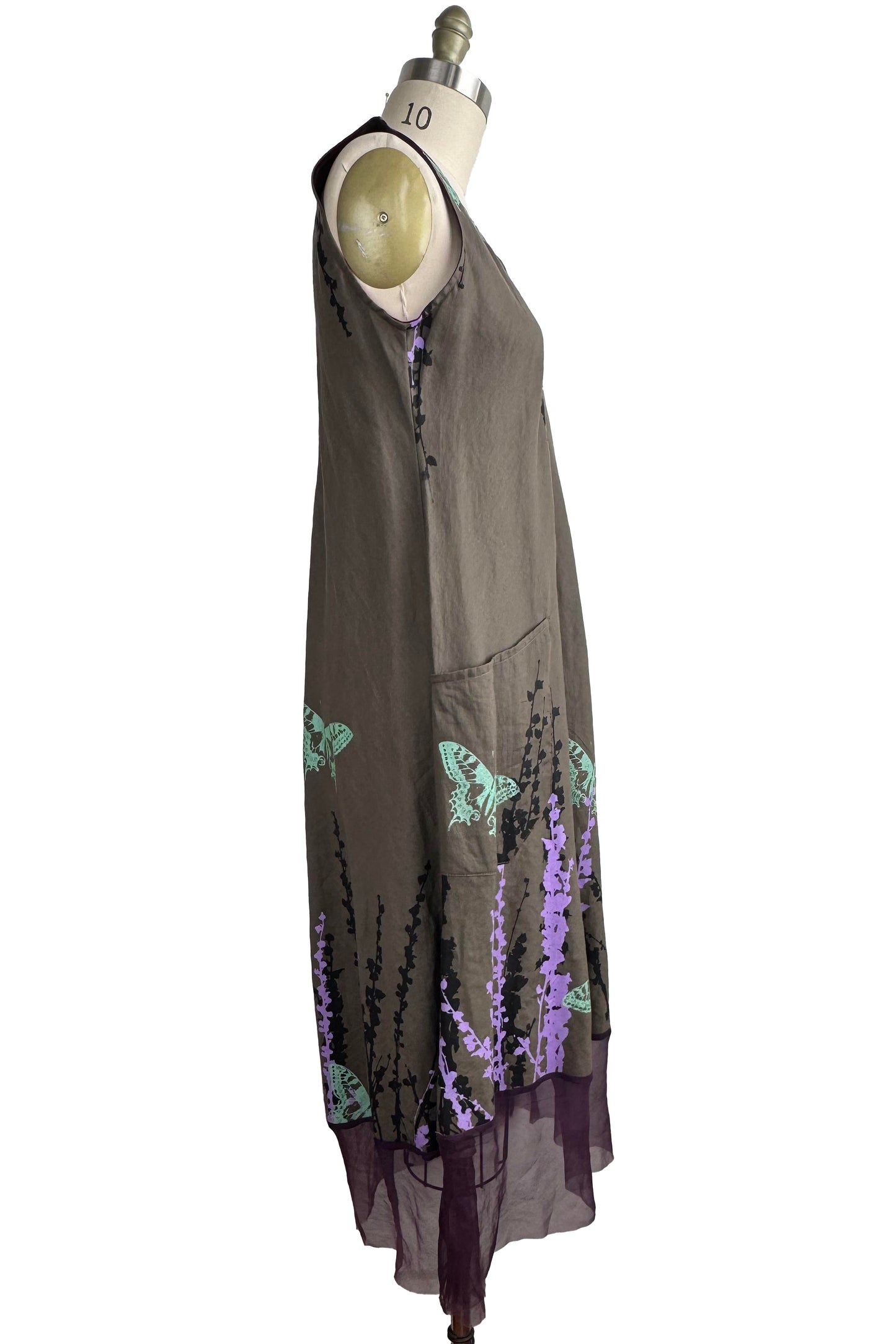Emilia Dress in Linen w/ Organza Trim - Butterfly & Hollyhock Print - Purple, Green & Grey - Small