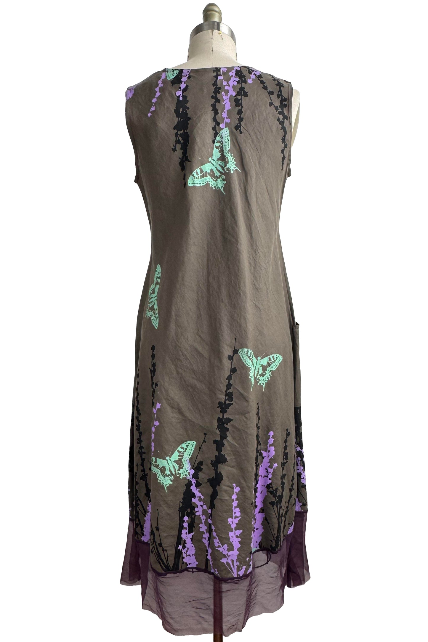 Emilia Dress in Linen w/ Organza Trim - Butterfly & Hollyhock Print - Purple, Green & Grey - Small