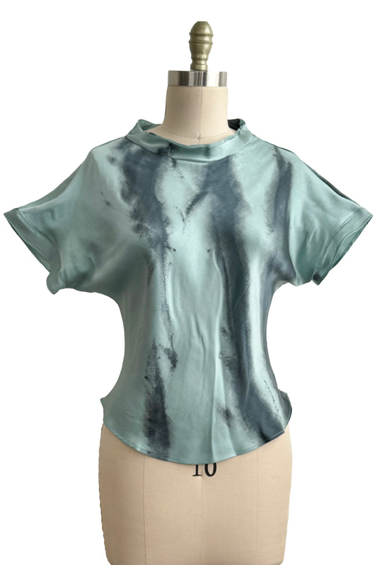 Jen Top in Stretch Silk w/ Spray Dye - Aqua & Grey - Small