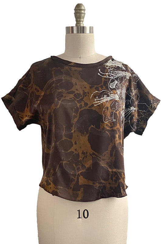 Jen Crop Top in Silk w/ Azalea Print - Black & Brass - Small