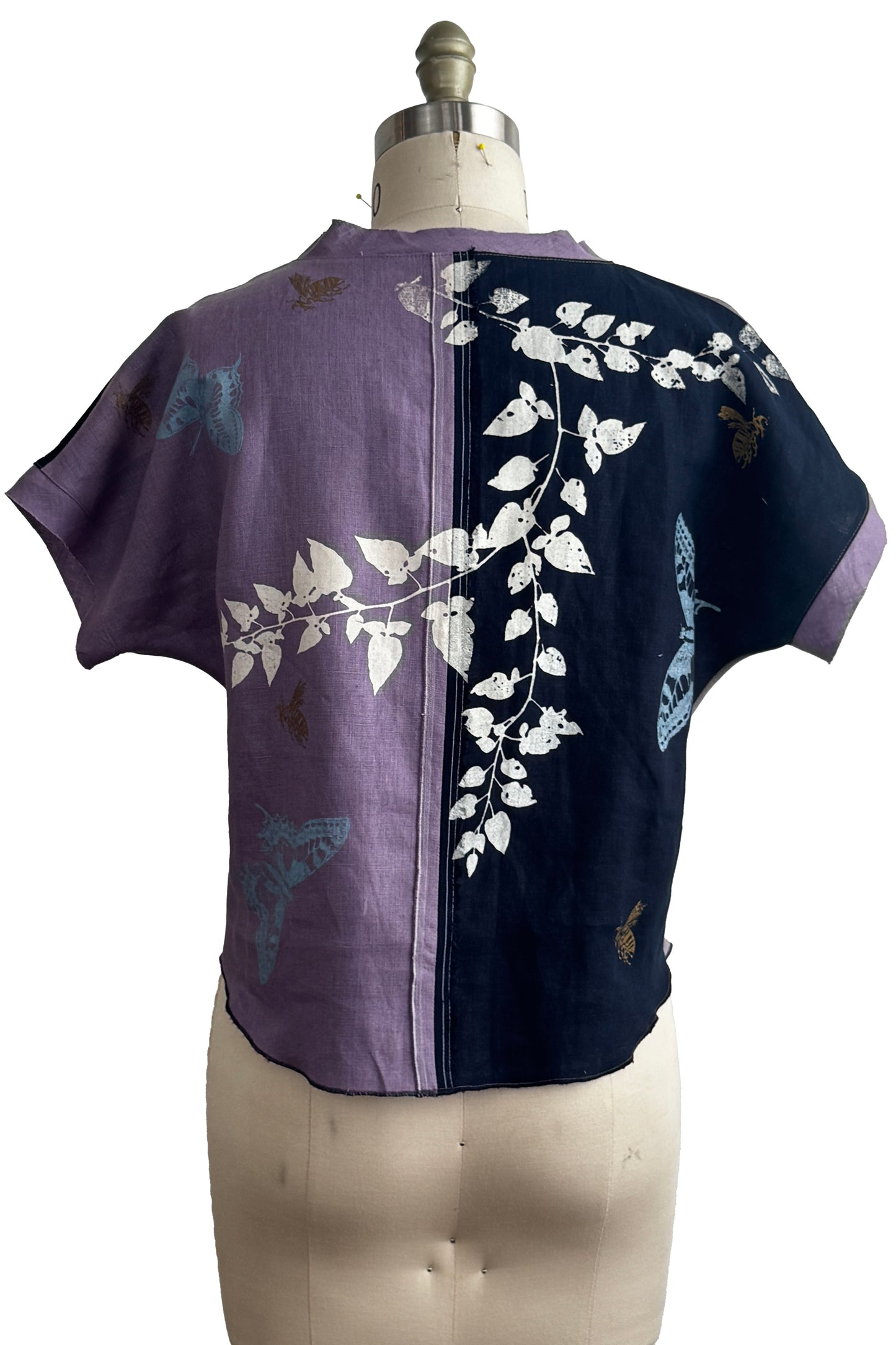 Jen Top | Linen | Vine & Butterfly Print | Navy, Lavender & White | Small-2