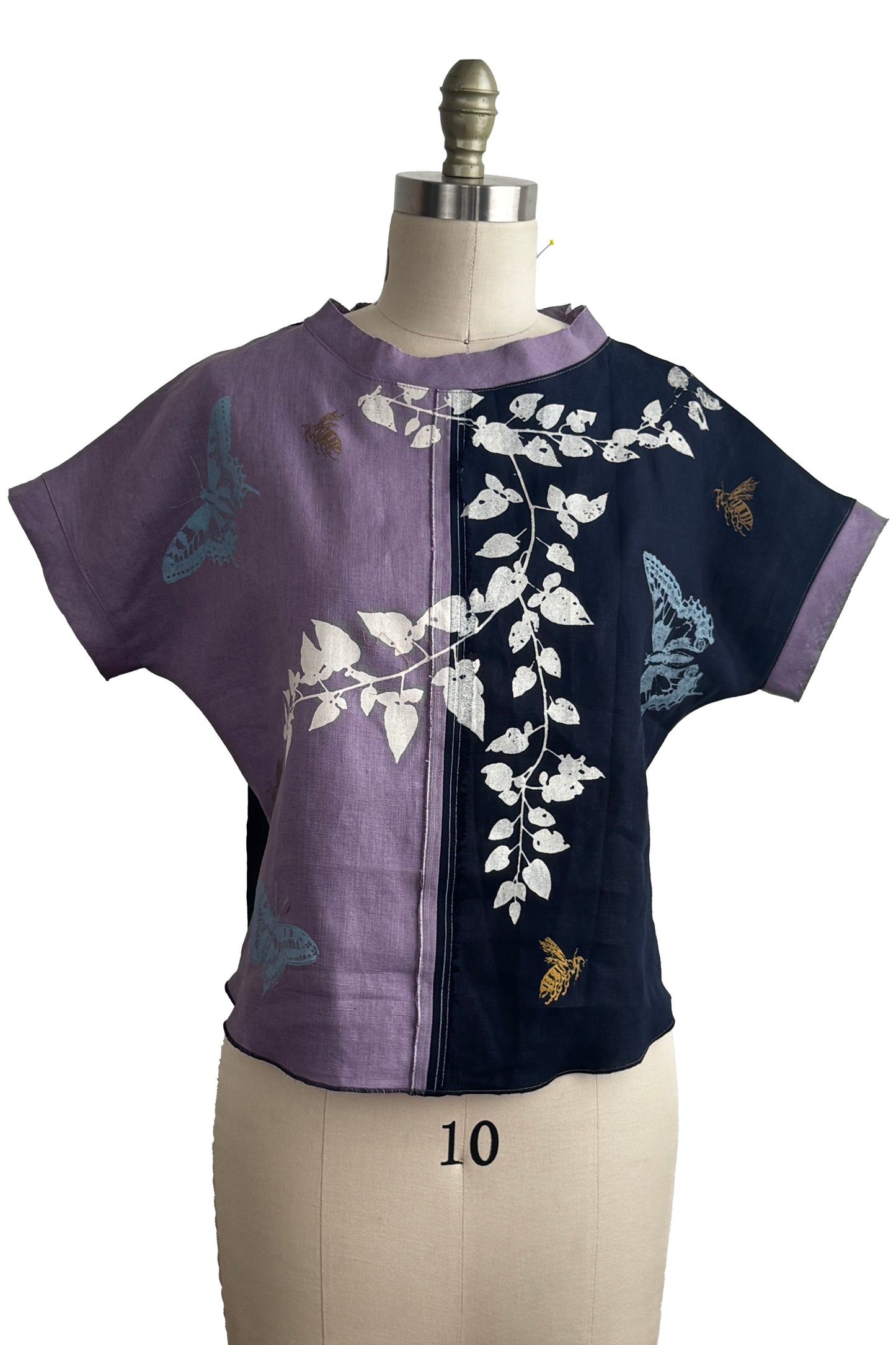 Jen Top | Linen | Vine & Butterfly Print | Navy, Lavender & White | Small-2