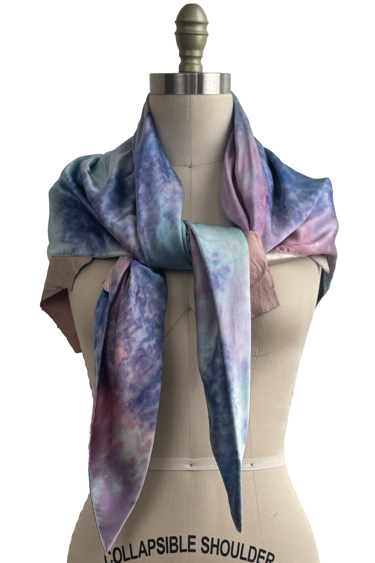 Triangle Shawl w/ Leather Trim | Silk Charmeuse | Bubble Dyed w/ Painted Hydrangeas | Pinks & Purples