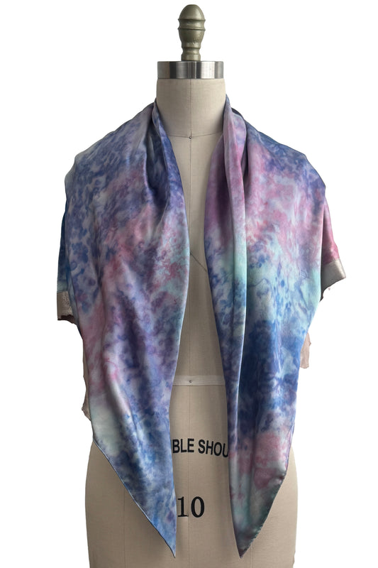 Triangle Shawl w/ Leather Trim | Silk Charmeuse | Bubble Dyed w/ Painted Hydrangeas | Pinks & Purples
