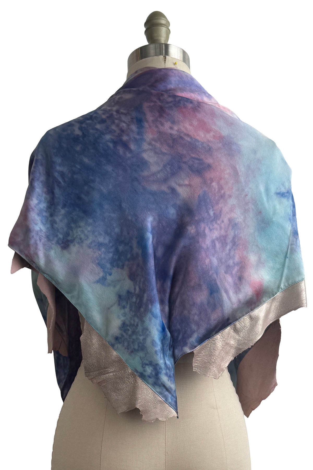 Triangle Shawl w/ Leather Trim | Silk Charmeuse | Bubble Dyed w/ Painted Hydrangeas | Pinks & Purples
