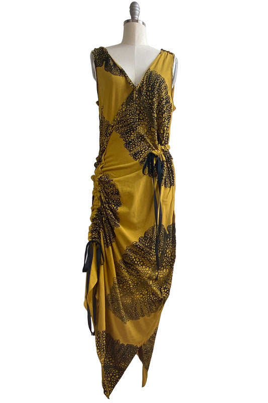 Godfrey Dress in Jersey - Big Leaf Print - Mustard - Large