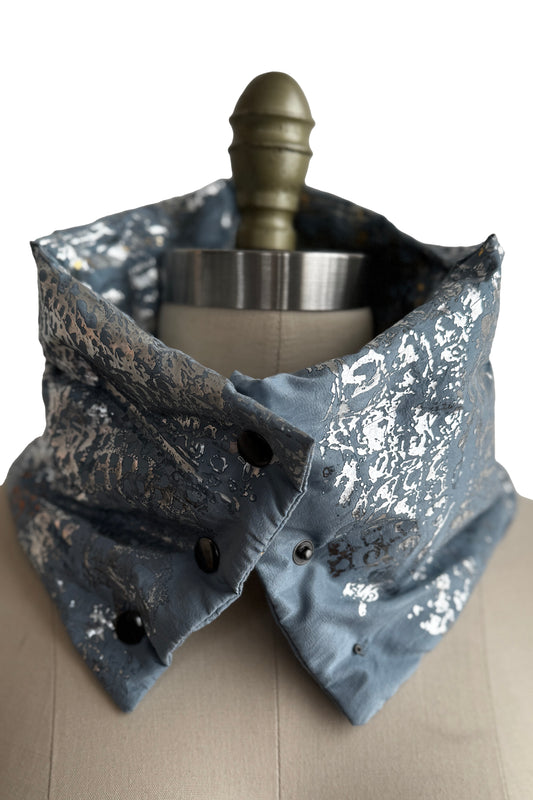Channeled Neck Scarf | Silk Taffeta & Foil | Alligator | Light Blue & Silver