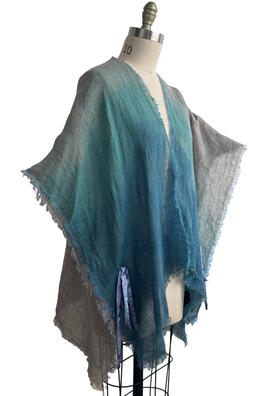 Cover-up w/ Silk Ties | Open Weave Linen | Ombre Dyed | Turquoise, Teal & Silver