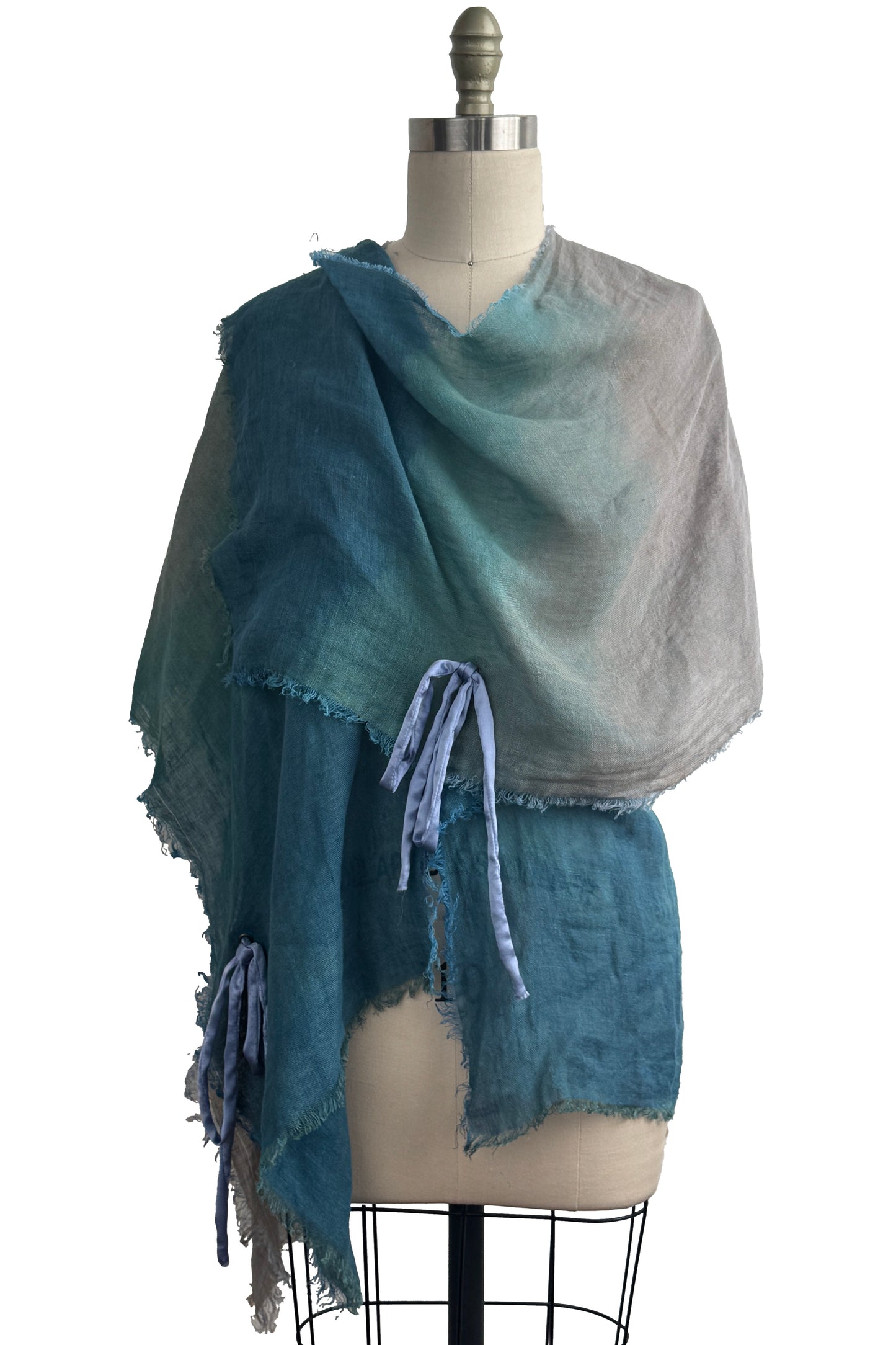 Cover-up w/ Silk Ties | Open Weave Linen | Ombre Dyed | Turquoise, Teal & Silver