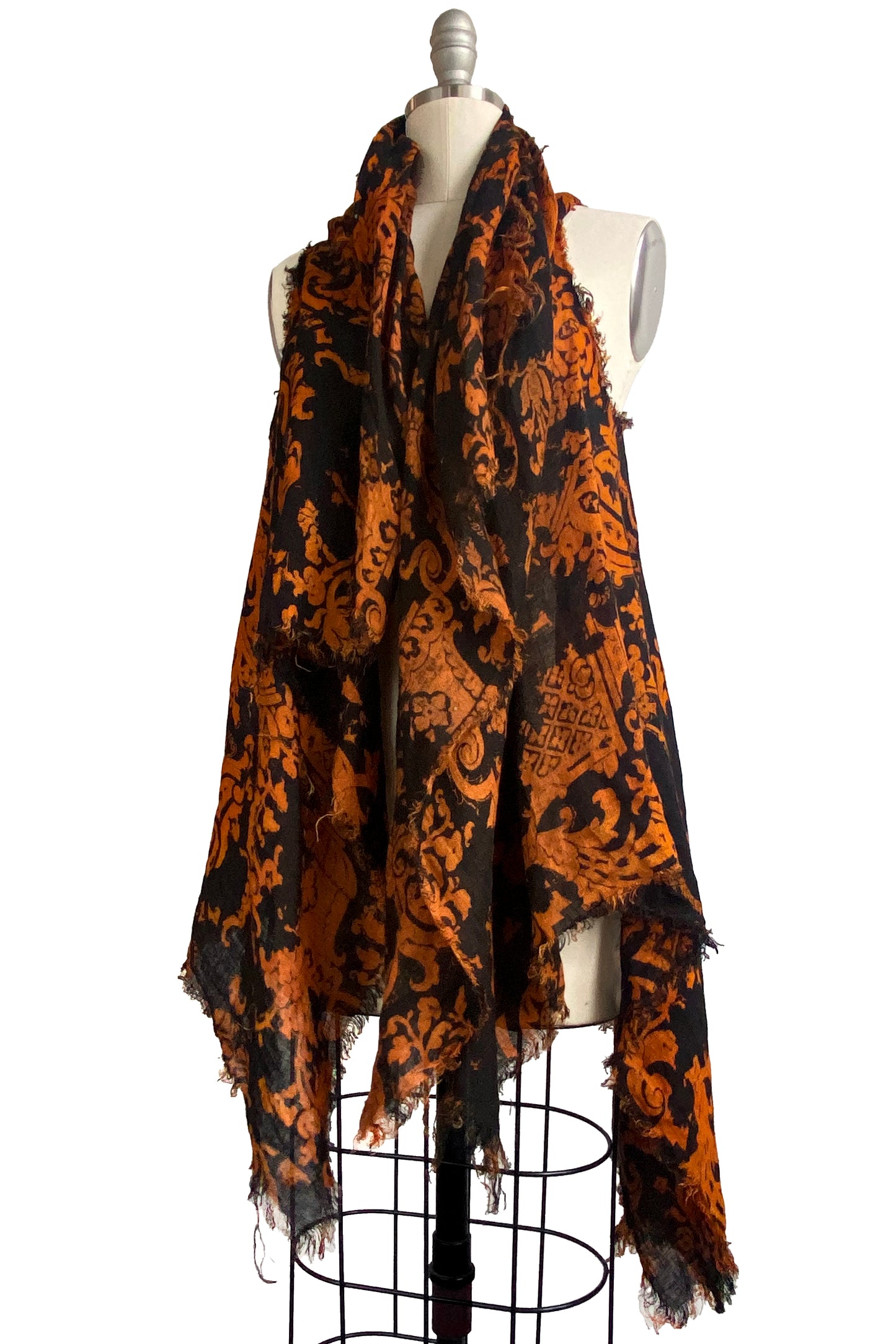 Asymmetrical Wrap Vest Open Weave Linen w/ Wallpaper Print - Black & Orange