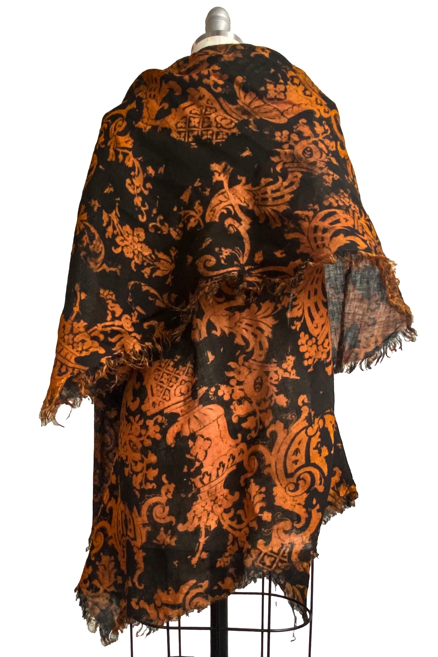 Asymmetrical Wrap Vest Open Weave Linen w/ Wallpaper Print - Black & Orange