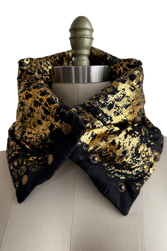 Channeled Neck Scarf | Silk Taffeta & Foil | Alligator | Black & Gold