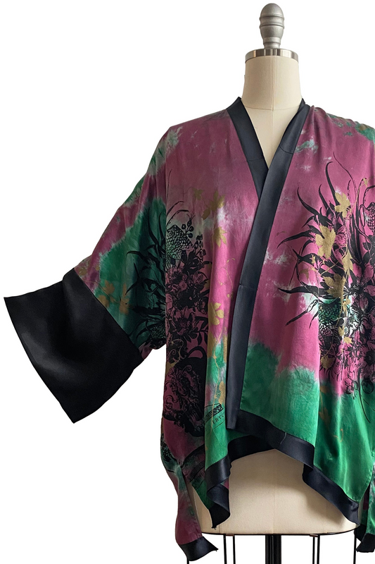 Lucianne Kimono w/ Bouquet Print Shibori Dye - Magenta & Green