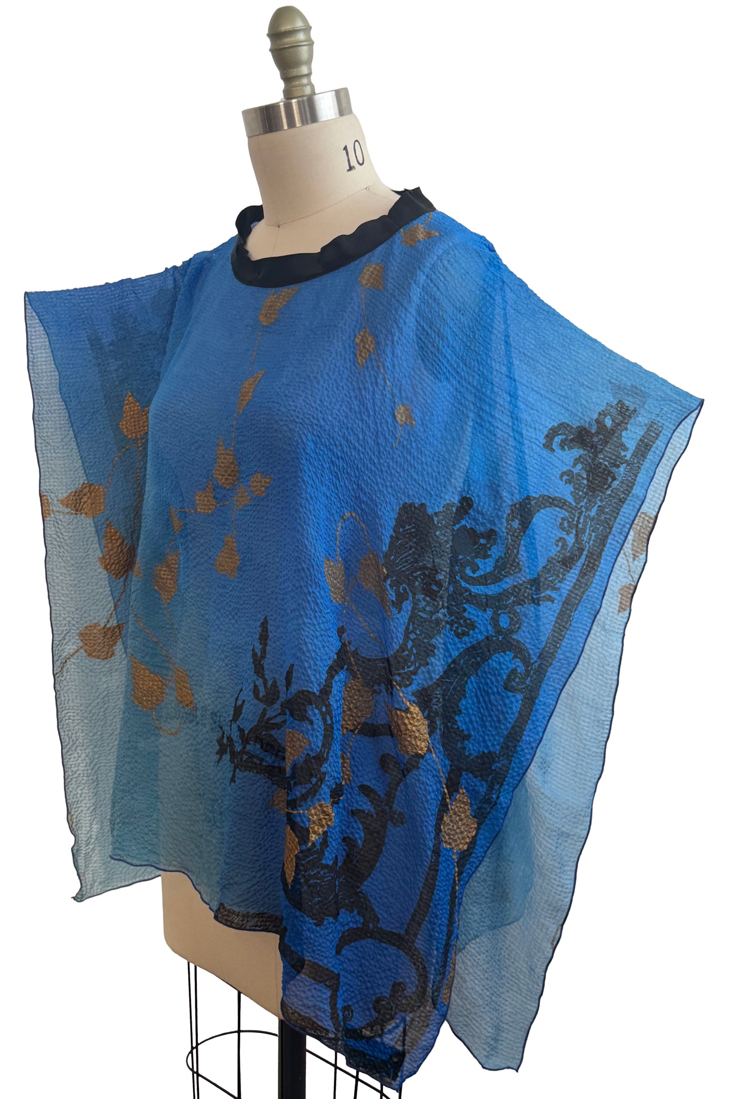 Poncho | Seersucker Silk | Vine & Rail Print | Blue & Gold