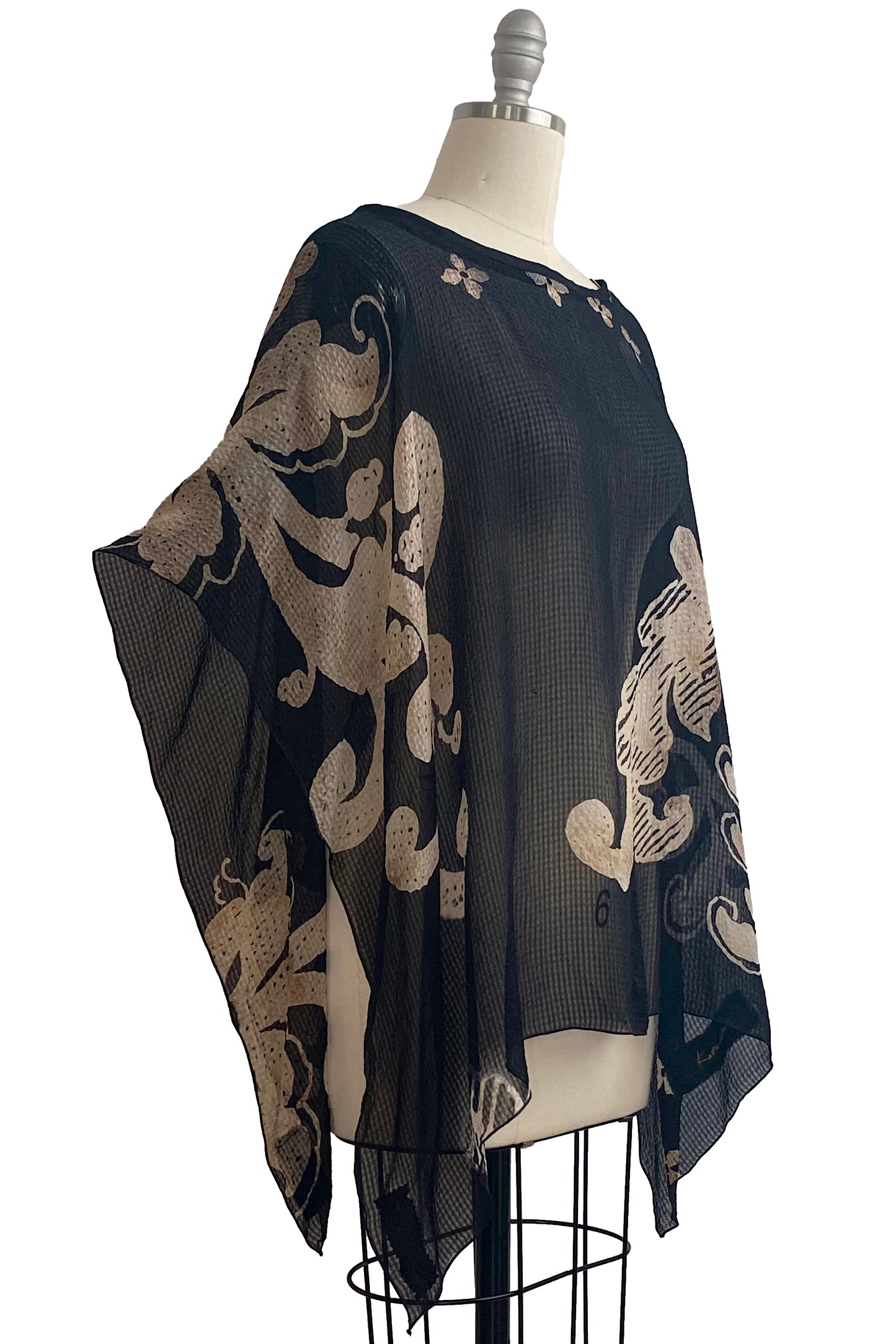 Seersucker Silk Poncho w/ Scroll Print - Black & Natural