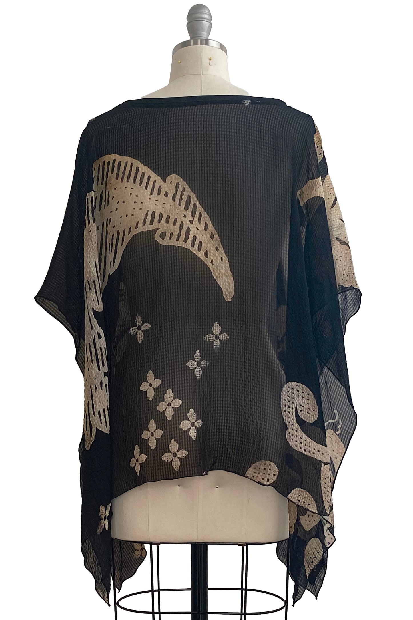 Seersucker Silk Poncho w/ Scroll Print - Black & Natural