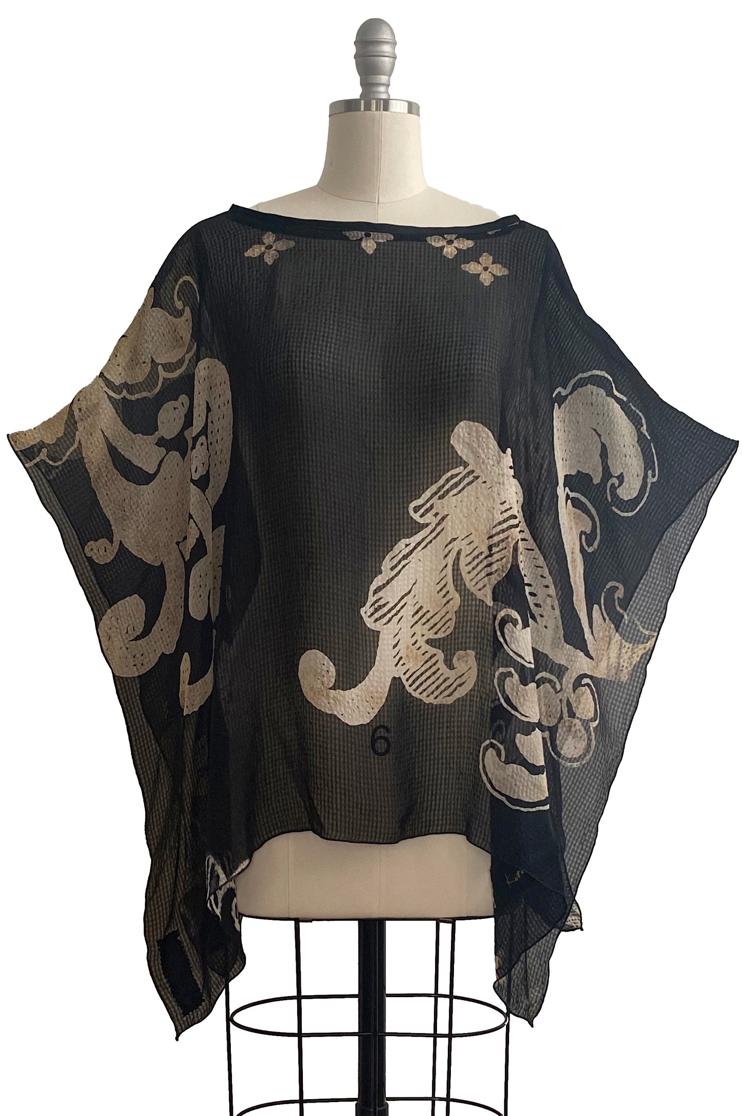 Seersucker Silk Poncho w/ Scroll Print - Black & Natural