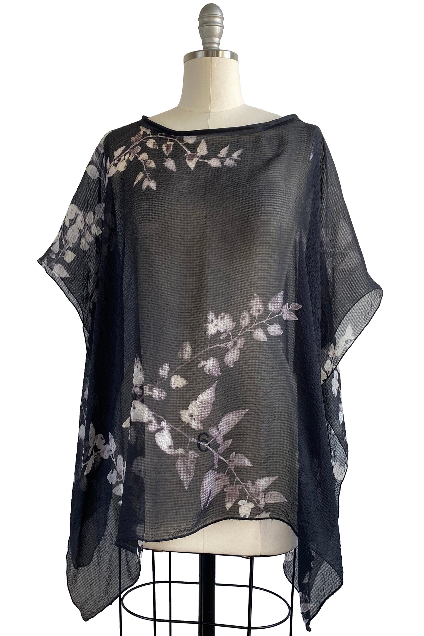 Seersucker Silk Poncho w/ Vine Print - Black & Natural