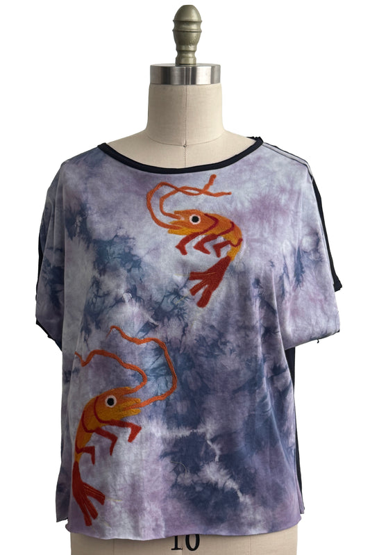 Jen Top | Organic Cotton Jersey | Needle Felted Crawfish | Purple white w/ orange shrimp| Medium-3