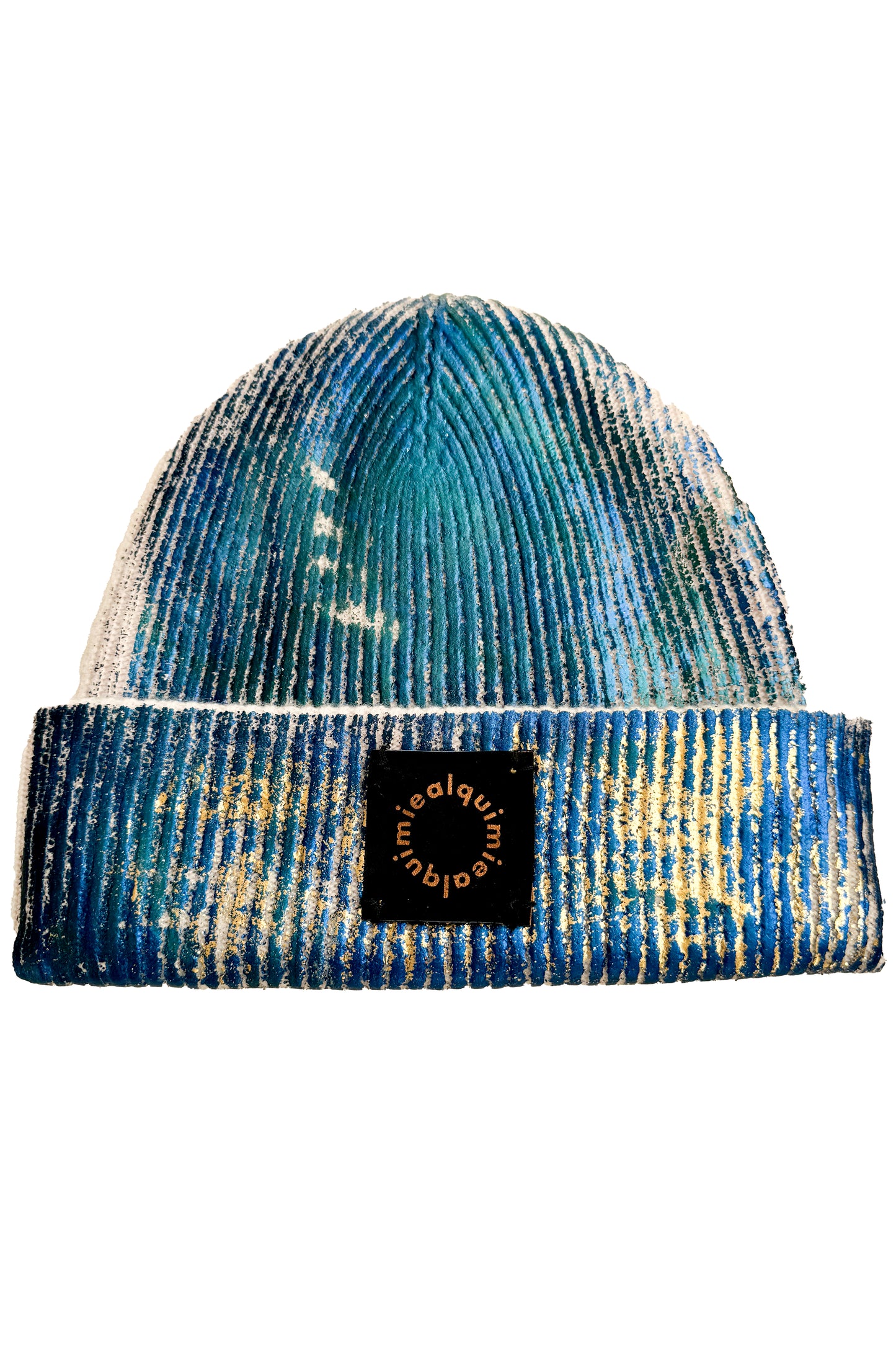 KB x Alquimie Studio Cashmere Beanie w/ Foil Print - Cream, Blue & Gold