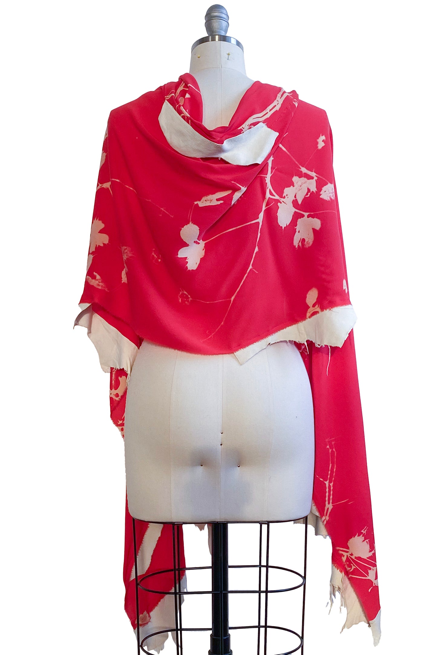 Shawl in Silk Chiffon w/ Cotton Print & Leather Trim - Blood Orange & Natural