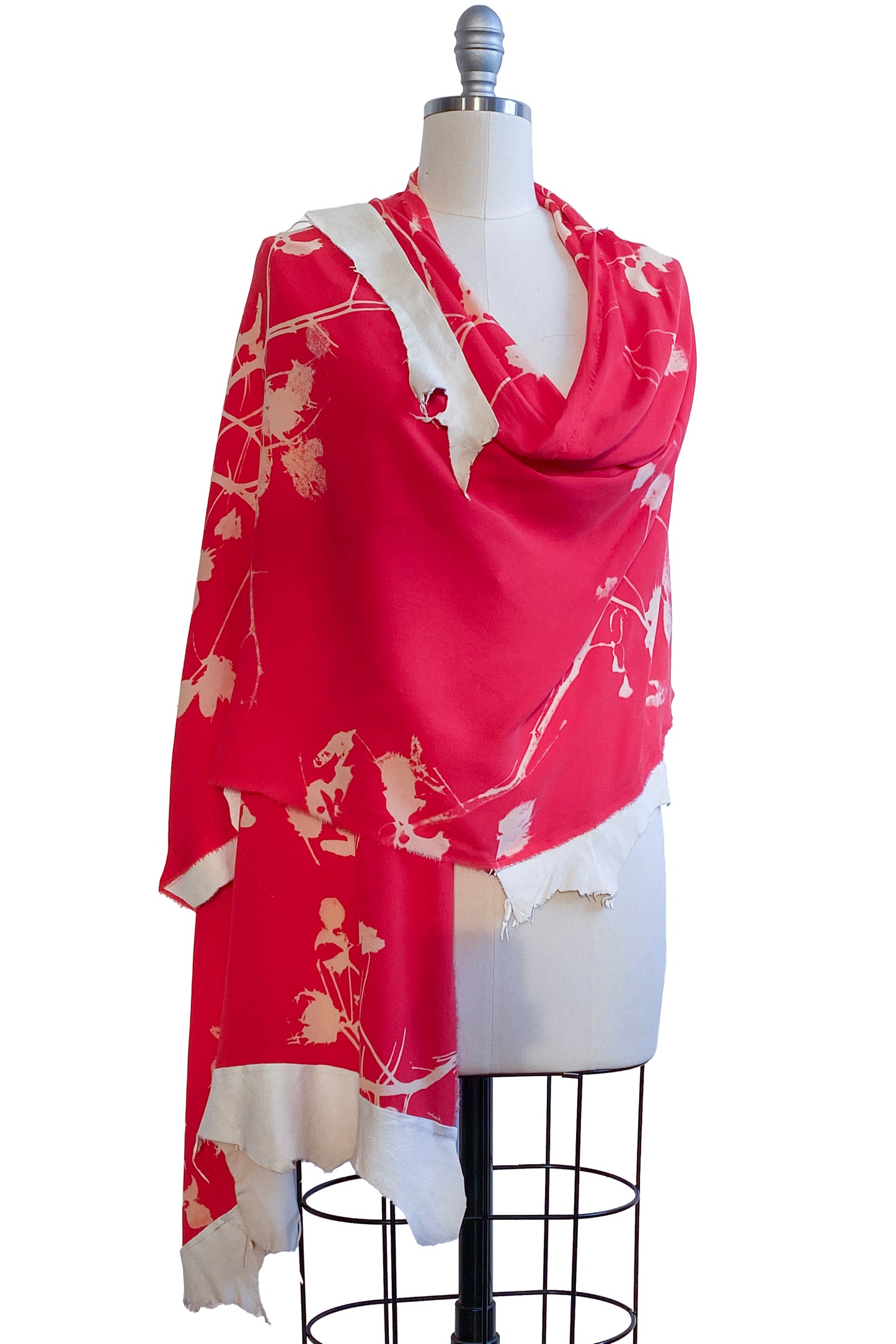 Shawl in Silk Chiffon w/ Cotton Print & Leather Trim - Blood Orange & Natural